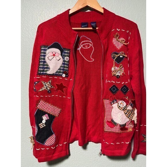 Vintage Basic Editions Women's‎ Red Snowman Santa Claus Zip Up Sweater Small - Picture 6 of 11